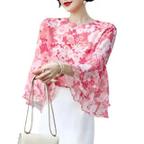 Goddess Pink Pink Imitation Silk Printed Seven-Cent Lotus Leaf Sleeve Round Collar Loose