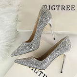 Zingj Women's Shoes High Heel Shallow Pointed Shining Sequins Sexy Thin Nightclub High
