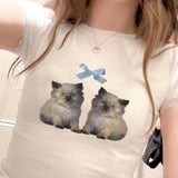 Summer New Ins Style Street Girls Slim, Thin, Short Sleeves, Cat Bowtie Printed