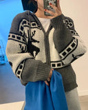 Deer Jacquard Hooded Knitting Zipper Cardigan- Outfit