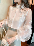 Lace Mesh Shirts Spring White Blouse Stand Collar Lantern Sleeve Tops Flowers Embroidery Women's Clothing Elegant