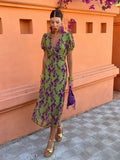 Cross Knot V-neck Printed Long Dresses For Women Chic Short Sleeved Bodycon Dresses 2024 Summer Female High Street
