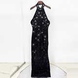 Fashion Heavy Industry Three-Dimensional Nails Studded Elastic Hanging Neck Long Dress Dress