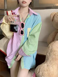 Spring Summer Women's Blouse Kawaii Shirt Korean Sweet Candy Color Patchwork Striped Long Sleeve Tunic Beautiful