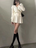 Ins Fashion Autumn Winter Women's Knitted Suits Solid Single Breasted Long Sleeve Sweater+High Waisted Mini Pleated