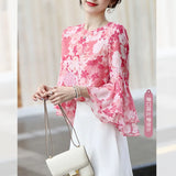 Goddess Pink Pink Imitation Silk Printed Seven-Cent Lotus Leaf Sleeve Round Collar Loose