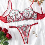 Sheer Lace Foliage Embroidered Lingerie Set- Outfit