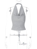 Women Bling Glitter Sequins Sexy Y2K Clothes Lace Up Sleeveless Backless Halter Crop Top Korean Fashion