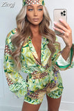 2pcs Beach Styles Satin Sets Women Fashion Scenery Pattern Button-down Shirts and Shorts 2023 New Summer Casual