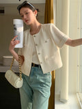 Summer Small Fragrance Short Sleeve Jacket Women's Korean Fashion Casual Single-Breasted Cardigan Outerwear Chaqueta