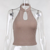 Backless Plaid Halter Sexy Crop Top Sleeveless Skinny Women Backless Front Cut Out Fashion Slim Casual Tops