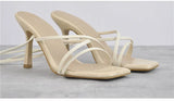 Onlymaker Women's Square Toe Black Beige Strap Stiletto Fashion Big Size