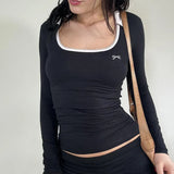 And Cool Hot Girl Style Polo Collar Printed T-Shirt Early Autumn New Sexy Clavicle Bow Long-Sleeved