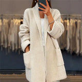 Zingj Women's 2024 New Women's Thick Solid Color V-Neck Cardigan Loose Pocket Sweater Coat-Outfit
