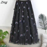 Long Tulle Midi Skirt Women Embroidery Butterfly High Waist Mesh Pleated Skrit Korean Sweet Pink Gray Tutu Skirts