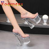 Voesnees Sexy Models 17.5CM Super High Heels 8CM Transparent Platform Women Sandals PVC Female Crystal Wedding Shoes Big Size