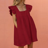Oversized Patchwork Dress Women's Elegant O-Neck Ruffle Sleeve Midi Dresses Summer Female A Line Ruffled Sundress