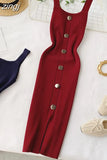 Summer Pink/Red/White/Black Women Knitted Dress Vintage High Waist Button Single-breasted Slim Casual Dress For Female