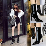 Zingj Fashion And Sexy Nightclub Show Thin Bright Face Lacquer Leather Elastic Show Thin Pointed Short Boots Winter Thin