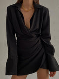 Spring Padded Shoulder Long Sleeve Fashion Female Shirt Dress Woman Elegant Sexy Ruched Casual Party Dresses for