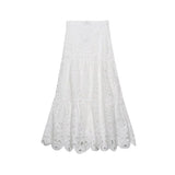Women Fashion Hollow Out Embroidery Casual White A Line Skirt Faldas Mujer Female Side Zipper Chic Midi Vestidos