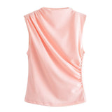 Spring Pleated Sleeveless Blouse With Round Collar