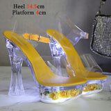 Square Heels Glowing Sandals Women Summer LED Flowers Transparent High Heels Shining Platform Thick Heel Ladies Banquet