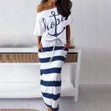 Off Shoulder T-shirt Long Skirt Set Women Summer Skew Neck Tops Drawstring Pocket Skirt 2 Pieces Sets Female Dresses