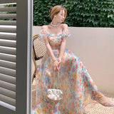 Zingj Organza A Word Shoulder Bubble Sleeve Broken Flower Condole Belt Dress Spring And Summer New Big Place Long