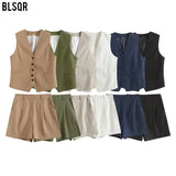 Summer Leisure Vest Set Linen-Blend Loose Vest + Shorts Set Women