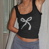 Girls Sexy Lace U-Collar Bow Printed Shoulder Strap Vest 2024 Tight And Thin Inner Halter