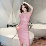 Zingj Temperament Xiaoxiang Name Yuanfeng Short-Sleeved V-Neck Knitted Dress A Woman's Waist Shows A Thin Waist And A Middle-Style Skirt With