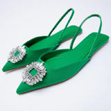 ZAR 2022 Summer New Green Single Shoes Women Fashion Pointed Toe Flat Rhinestone Muller Sandals And Slippers Woman Shoes