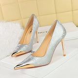 Zingj National Style Women's Shoes High Heels Silk Thin Heel Shallow Metal Pointed Head Satin Banquet High Heel Singles