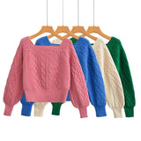 New Square Collar Long-Sleeved Twist Textured Short Sweater In