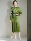 Light And Extravagant Miyake Pleated Long-Sleeved Diamond-Encrusted Vertical Collar Waist Showing Thin Bright Face A-Shaped Dress