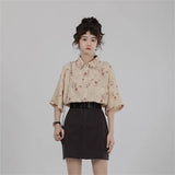 Kawaii Shirt Cat Printed Shirt Korean Style Chic Women Blouse Hawaiian Women's Summer Blouse Oversized