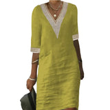 And Summer New Solid Color V-Neck Sleeve Cotton Temperament Elegant Dress