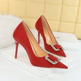 Zingj Fashion Banquet High Heels Fine Heel Shallow Pointed Satin Metal Water Diamond Buckle Single Shoe