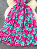 Women Floral Chiffon Midi Dress Vintage V-Neck Ruffle Hem Elegant Single Breasted Vestidos Female Vacation Beach Robe