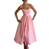 Women's New 2025 Spring Dress Solid Color Sexy U-Neck Waist Folding Sling