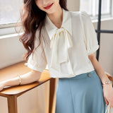 Zingj Chiffon Ribbon Short-Sleeved Shirt Female Summer Versatile New Advanced Sense Design Sense Minority Professional