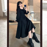 Black Elegant Dress Women Vintage Long Sleeve Spring Autumn Dresses Square Collar Oversize Loose Casual Robe