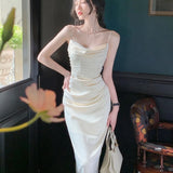 Women Corset Ruched Midi Dress Summer Spaghetti Strap Sexy Bodycon Elegant Prom Party Slim One Piece Clothes