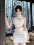 Women Two-piece Set French Pure Desire Sweet Spicy Hollow Sleeveless Backless Short Top Female Hollow Wrap Hip Slim