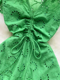 Women Hollow Out Drawstring Dress Sexy V-Neck Sleeveless High Waist A-Line Ruffle Hem Draped Vestidos