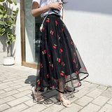 Skirt Women Vintage Embroidery Elastic High Waist A-Line Mesh Pleated Skirt Female Midi