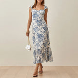 For Women Elegant Vintage Floral Dress Frill Sweetheart Neck Sleeveless Strap Tie Ruffle Hem Summer Beach