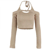 Zingj Pure Desire Wind Hot Girl Women's Sexy V Neck Hanging Neck Exposed Back Strap Vest One Word Collar Long Sleeve Vest