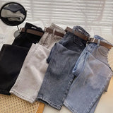Straight Jeans Women with Belt Vintage Basic Blue Ankle-length Denim Pants Plus Size Boyfriend Gray Jeans
